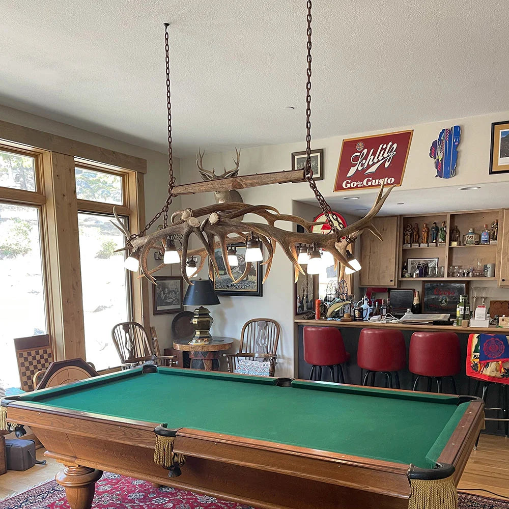 Elk Antler Pool Table / Rustic Bar Light or Long Table Chandelier With Antique “Single Tree”